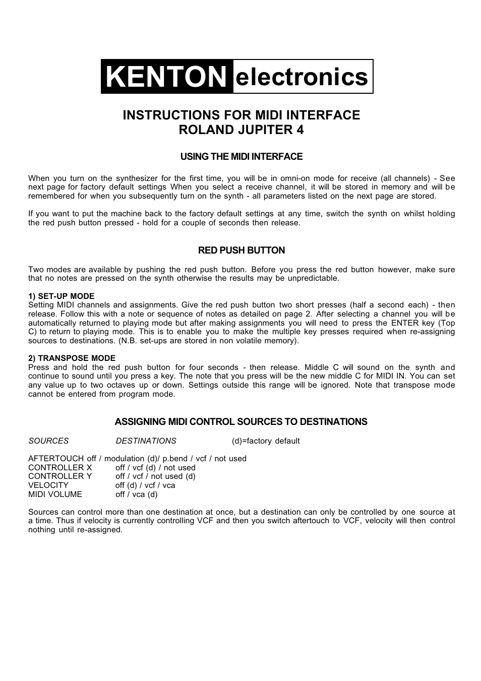 Kenton Jupiter-4 (before Dec 05) User Manual | 4 pages