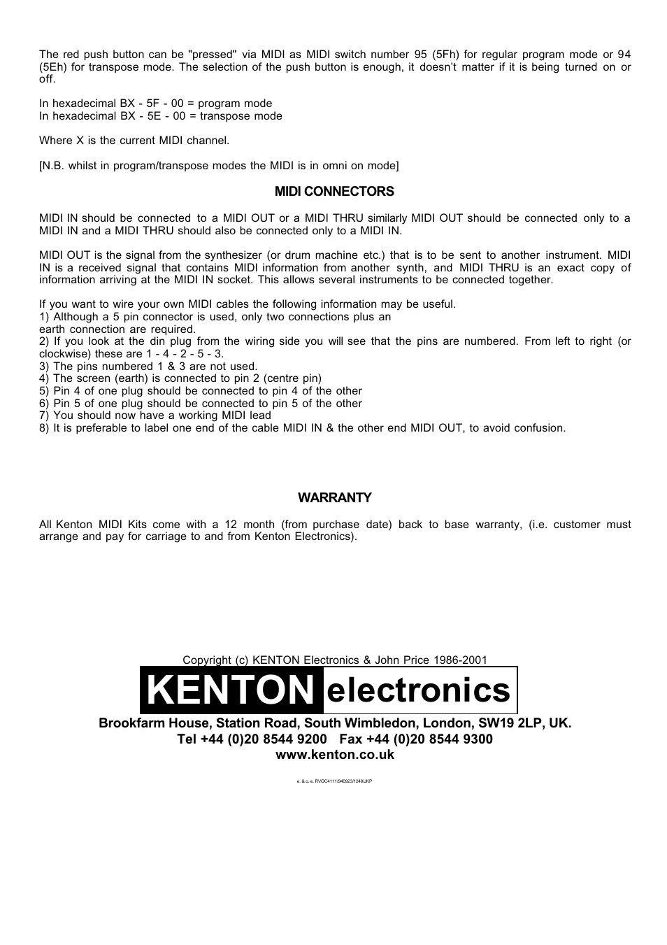 Kenton, Electronics | Kenton VP-330 (before Jan 06) User Manual | Page 3 / 3