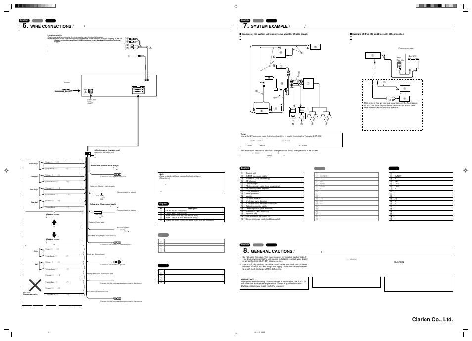 Clarion co., ltd, Wire connections, System example | General cautions | Clarion DXZ476MP User Manual | Page 2 / 2