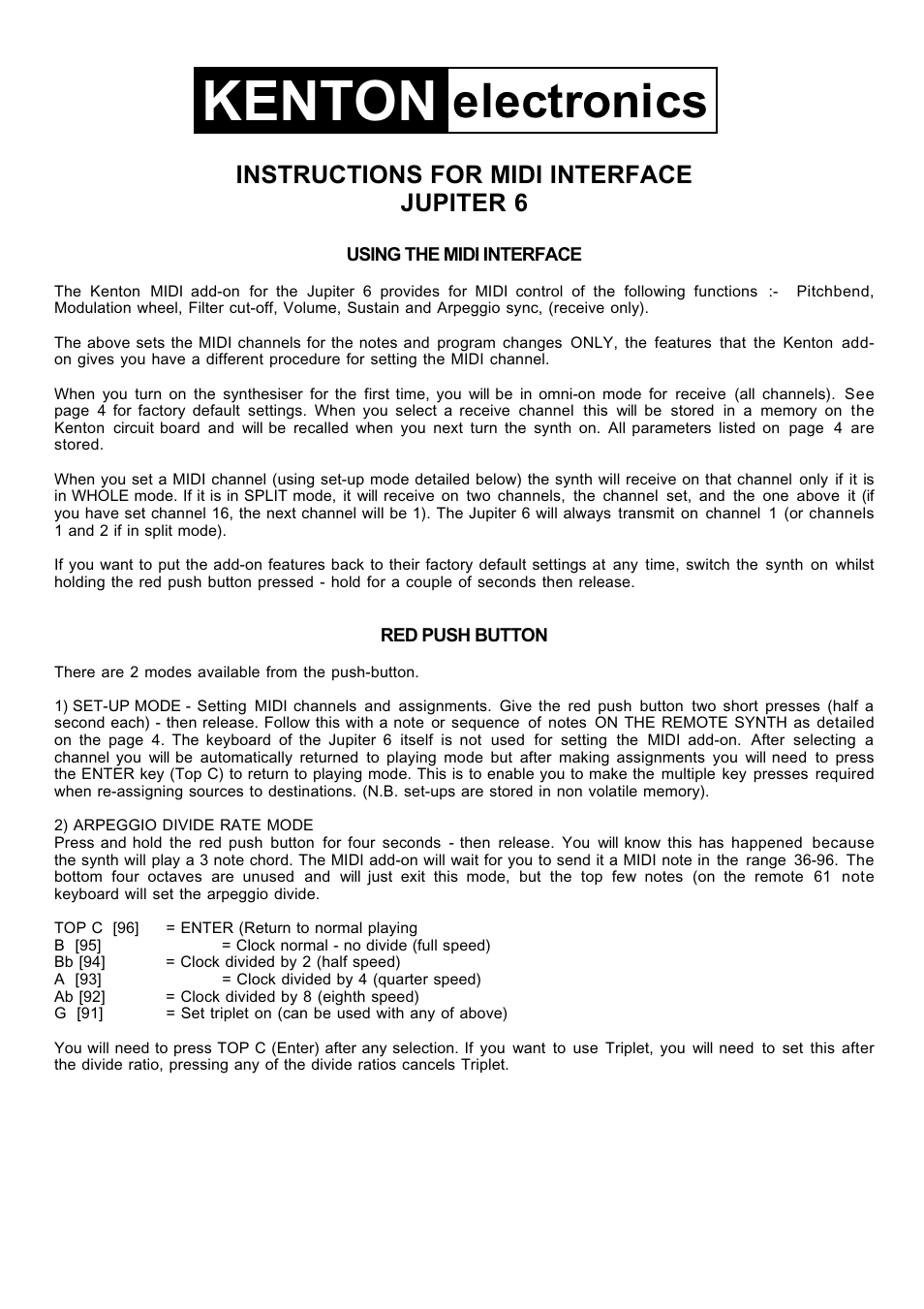 Kenton Jupiter-6 User Manual | 5 pages