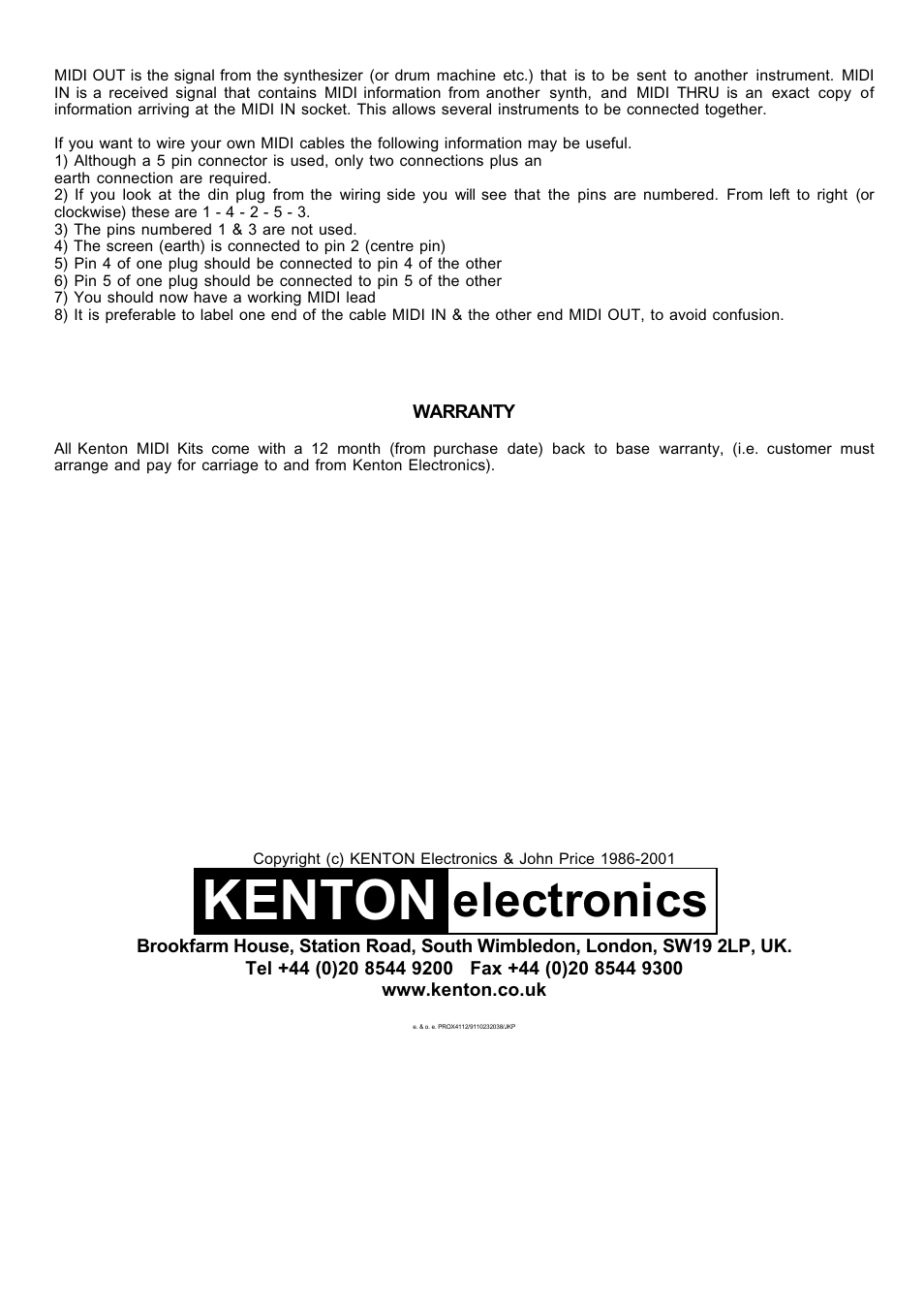 Kenton, Electronics | Kenton Prophet V (before Feb 05) User Manual | Page 4 / 4