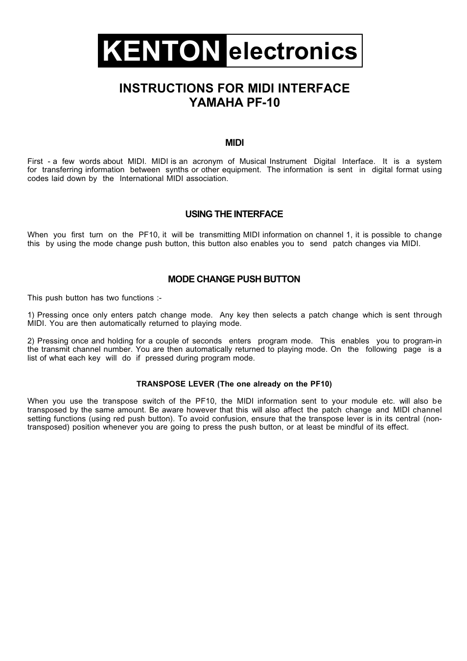 Kenton PF-10 (before Nov 04) User Manual | 3 pages