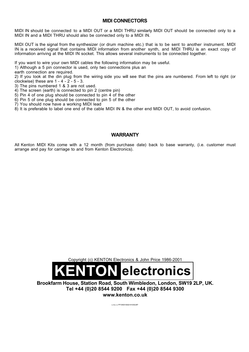 Kenton, Electronics | Kenton PF-10 (before Nov 04) User Manual | Page 3 / 3