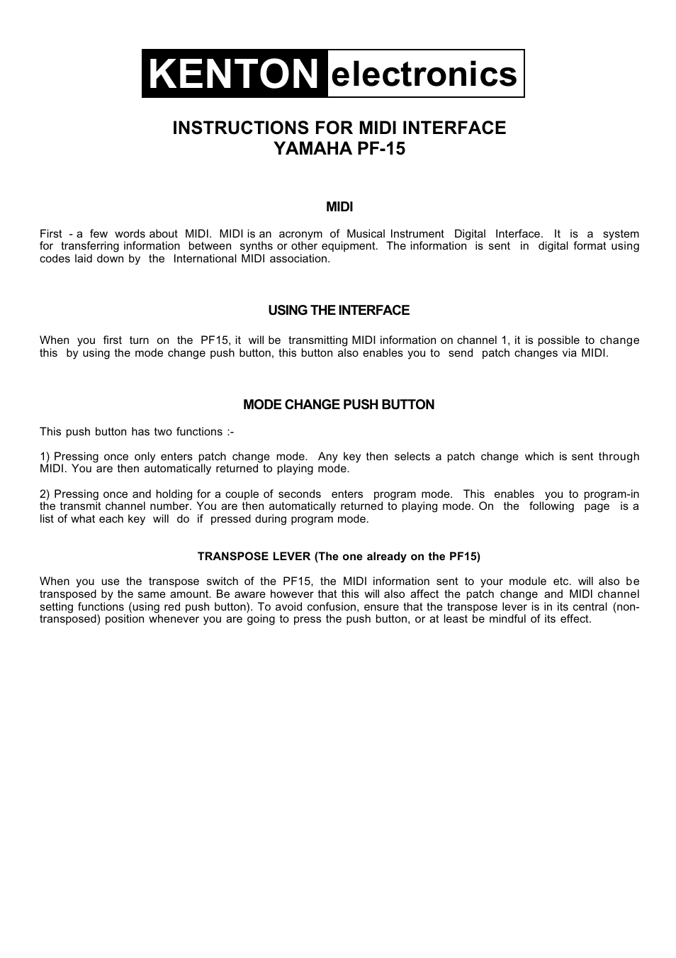 Kenton PF-15 (before Nov 04) User Manual | 3 pages