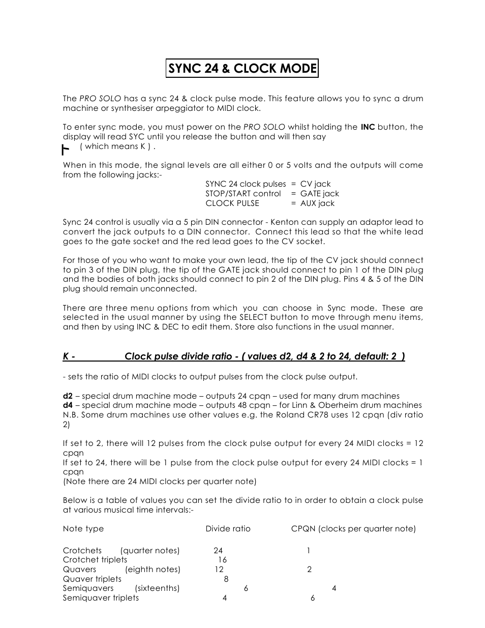 Sync 24 & clock mode | Kenton Pro-Solo mk1 User Manual | Page 11 / 17