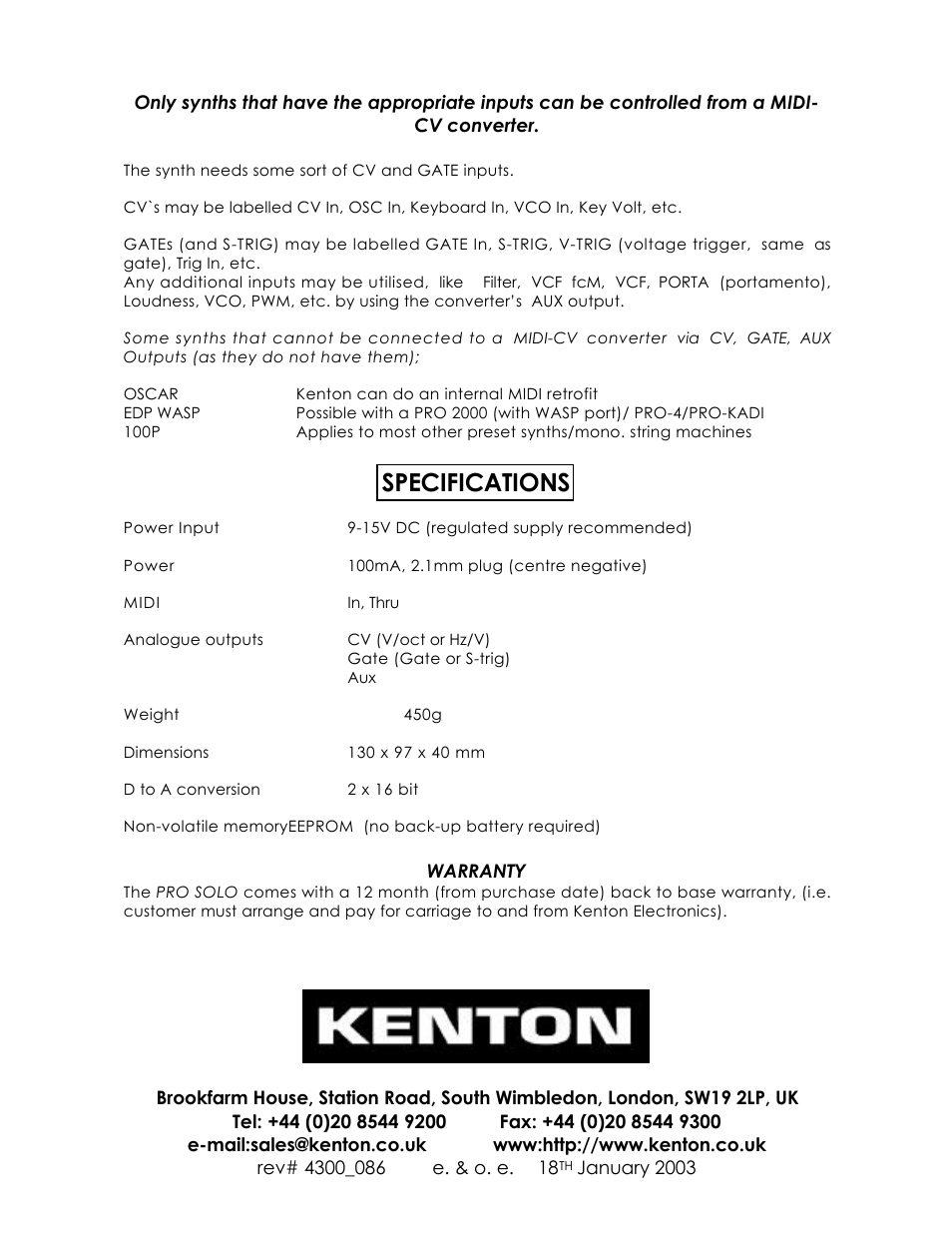 Specifications | Kenton Pro-Solo mk1 User Manual | Page 17 / 17