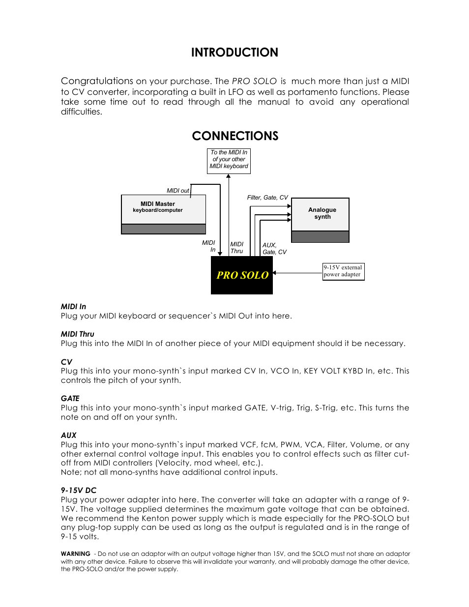 Introduction, Connections, Pro solo | Kenton Pro-Solo mk1 User Manual | Page 2 / 17