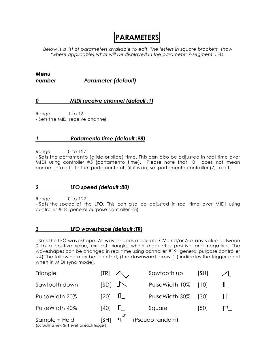 Parameters | Kenton Pro-Solo mk1 User Manual | Page 4 / 17