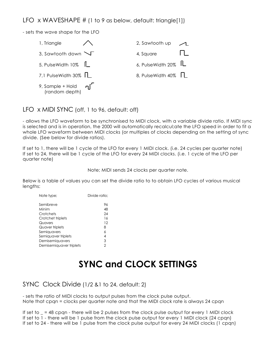 Sync and clock settings, Lfo x waveshape, Lfo x midi sync | Sync clock divide, 1 to 9 as below, default: triangle[1]), Off, 1 to 96, default: off) | Kenton Pro-2000 mk1 User Manual | Page 13 / 22