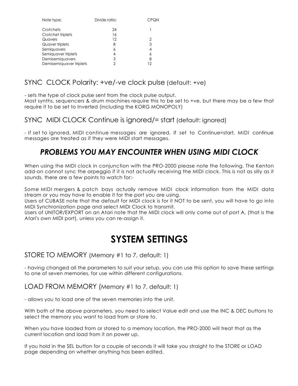 System settings, Problems you may encounter when using midi clock, Sync clock polarity: +ve/-ve clock pulse | Sync midi clock continue is ignored/= start | Kenton Pro-2000 mk1 User Manual | Page 15 / 22