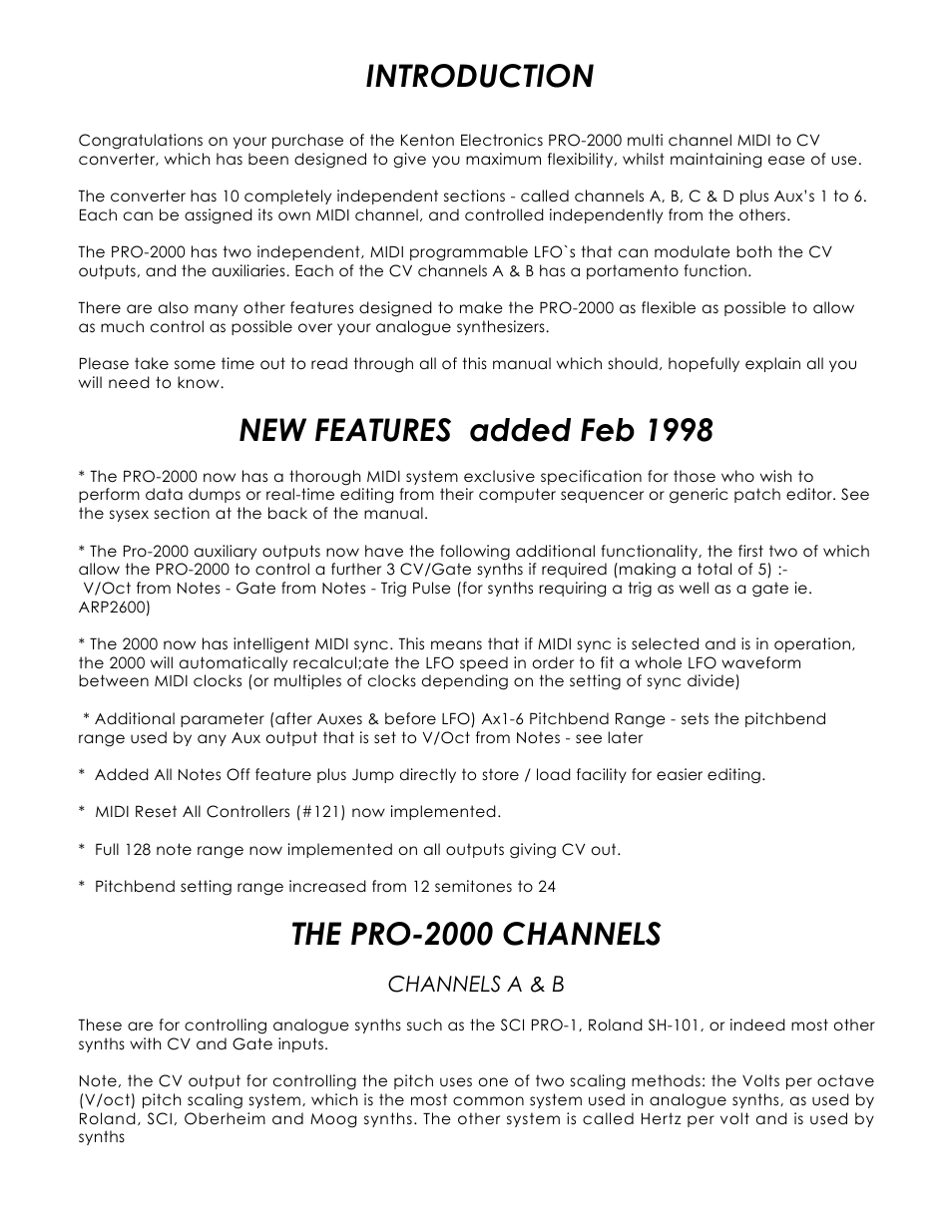 Introduction, New features added feb 1998, The pro-2000 channels | Kenton Pro-2000 mk1 User Manual | Page 2 / 22