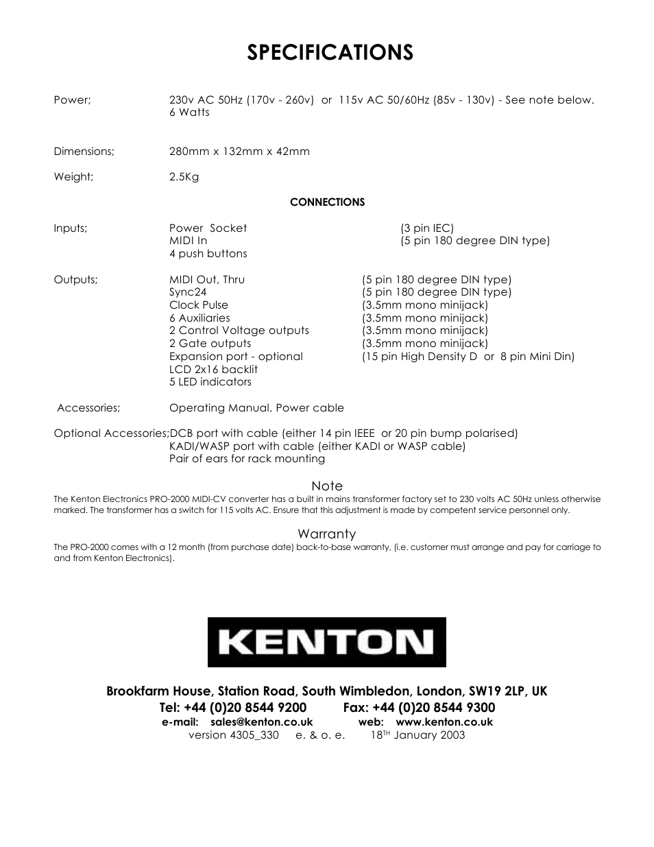 Specifications | Kenton Pro-2000 mk1 User Manual | Page 22 / 22