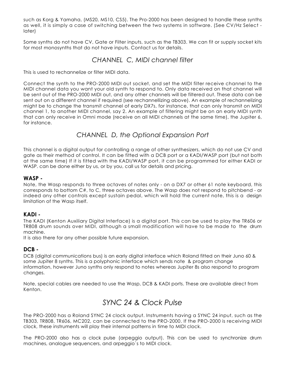 Sync 24 & clock pulse, Channel c, midi channel filter, Channel d, the optional expansion port | Kenton Pro-2000 mk1 User Manual | Page 3 / 22