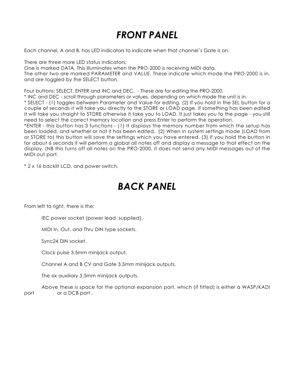 Front panel, Back panel | Kenton Pro-2000 mk1 User Manual | Page 4 / 22