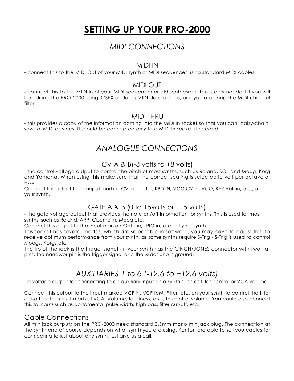 Setting up your pro-2000, Midi connections, Analogue connections | Kenton Pro-2000 mk1 User Manual | Page 5 / 22