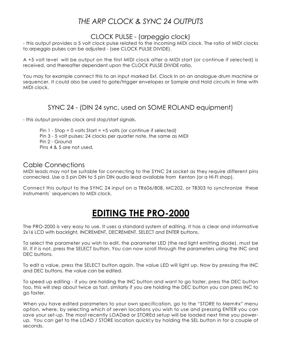 Editing the pro-2000, The arp clock & sync 24 outputs, Clock pulse - (arpeggio clock) | Cable connections | Kenton Pro-2000 mk1 User Manual | Page 6 / 22