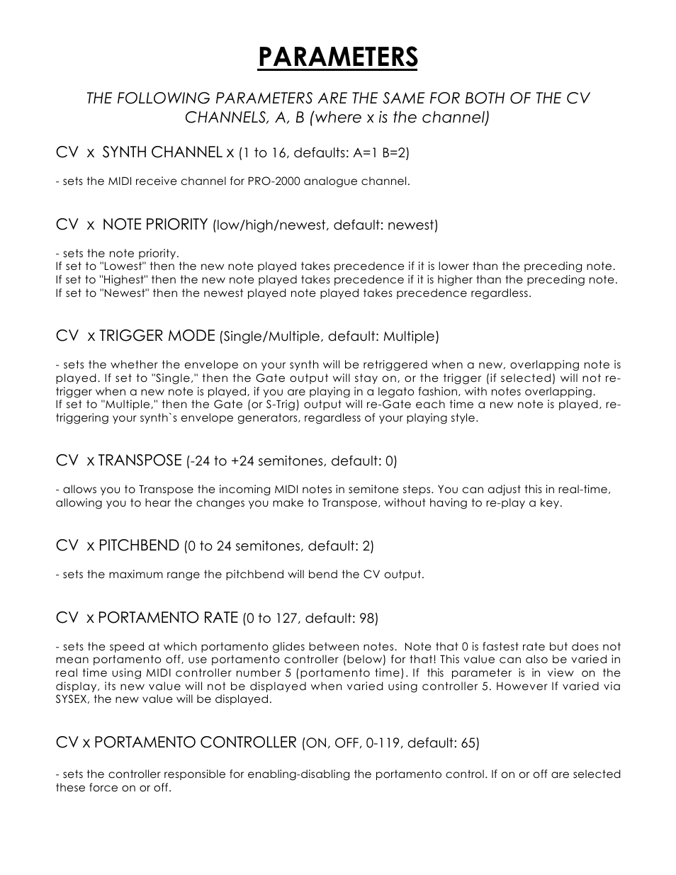 Parameters | Kenton Pro-2000 mk1 User Manual | Page 7 / 22