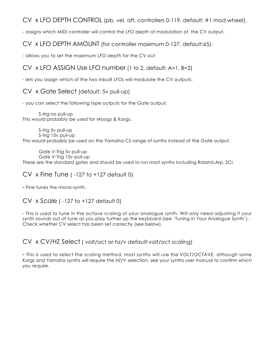 Cv x lfo depth control, Cv x lfo depth amount, Cv x lfo assign use lfo number | Cv x gate select, Cv x fine tune, Cv x scale, Cv x cv/hz select | Kenton Pro-2000 mk1 User Manual | Page 8 / 22