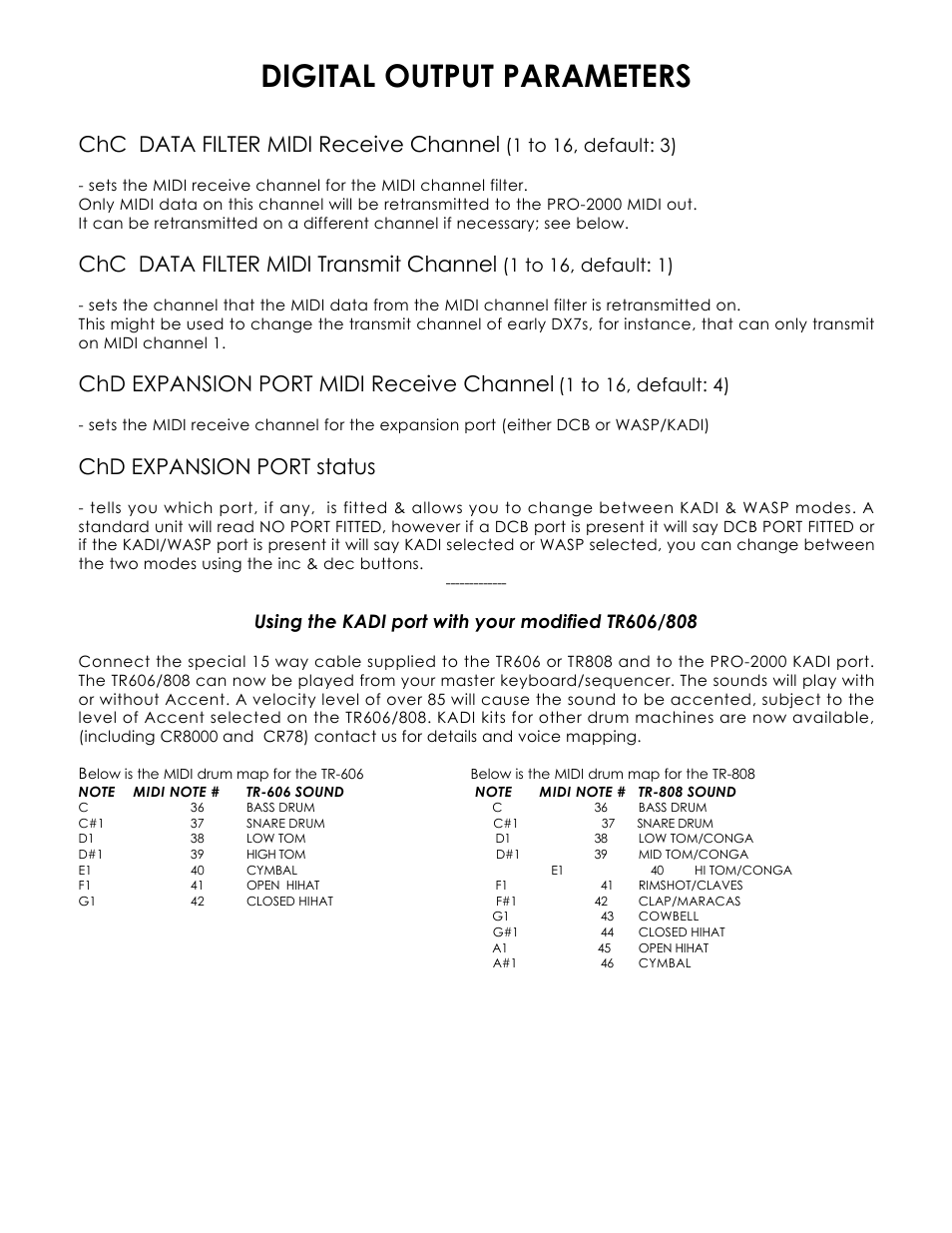 Digital output parameters, Chc data filter midi receive channel, Chc data filter midi transmit channel | Chd expansion port midi receive channel, Chd expansion port status, 1 to 16, default: 3), 1 to 16, default: 1), 1 to 16, default: 4) | Kenton Pro-2000 mk1 User Manual | Page 9 / 22