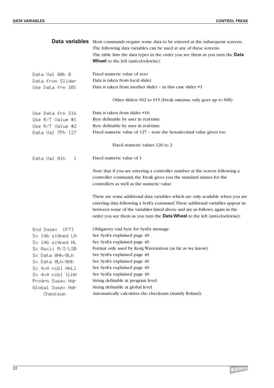 Data variables | Kenton Control Freak all versions User Manual | Page 26 / 59