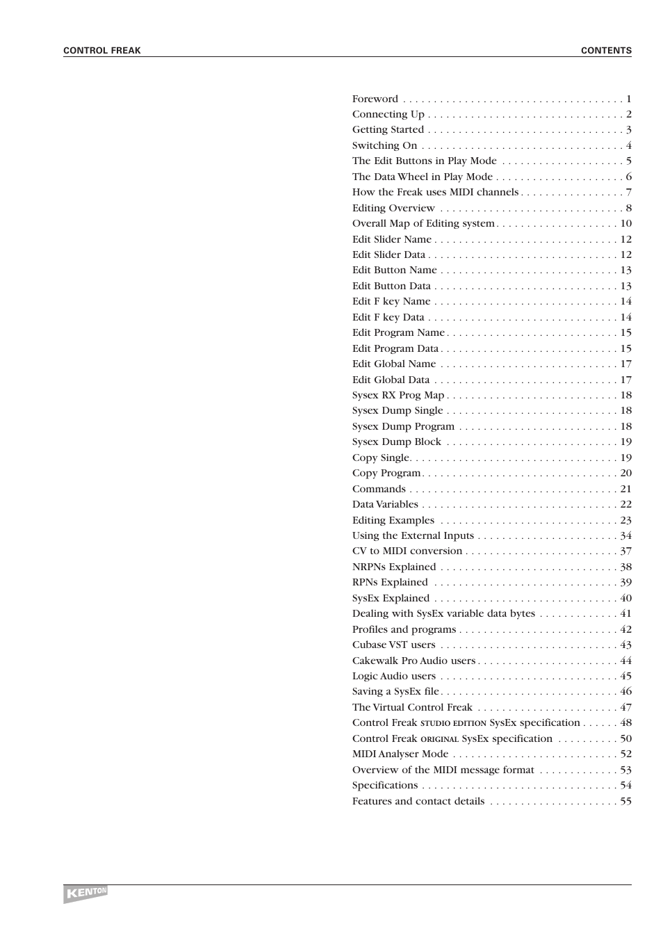 Kenton Control Freak all versions User Manual | Page 3 / 59