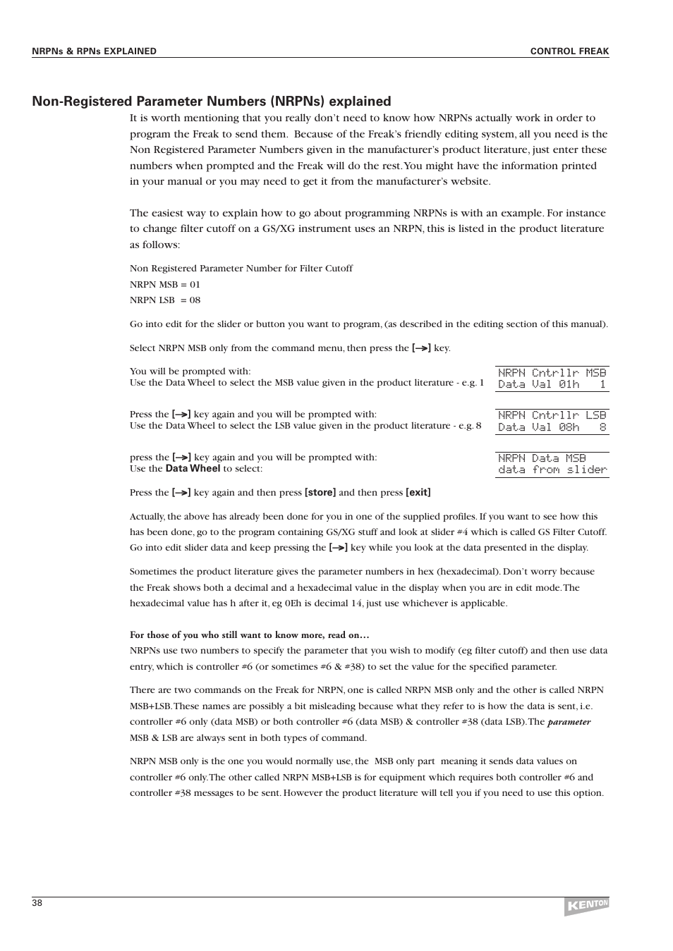 Non-registered parameter numbers (nrpns) explained | Kenton Control Freak all versions User Manual | Page 42 / 59