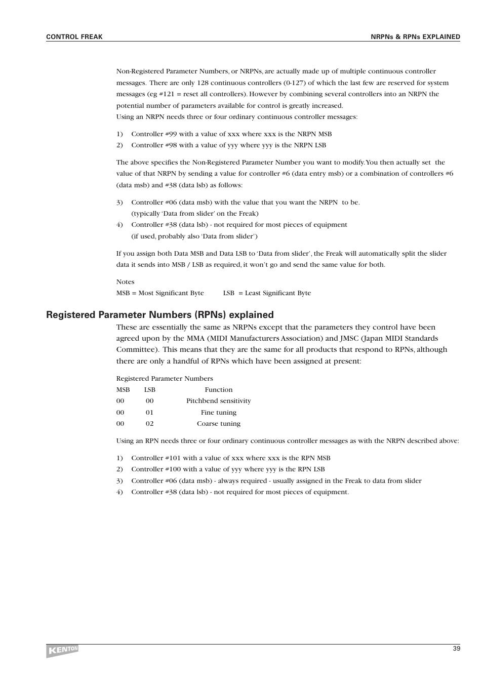 Registered parameter numbers (rpns) explained | Kenton Control Freak all versions User Manual | Page 43 / 59