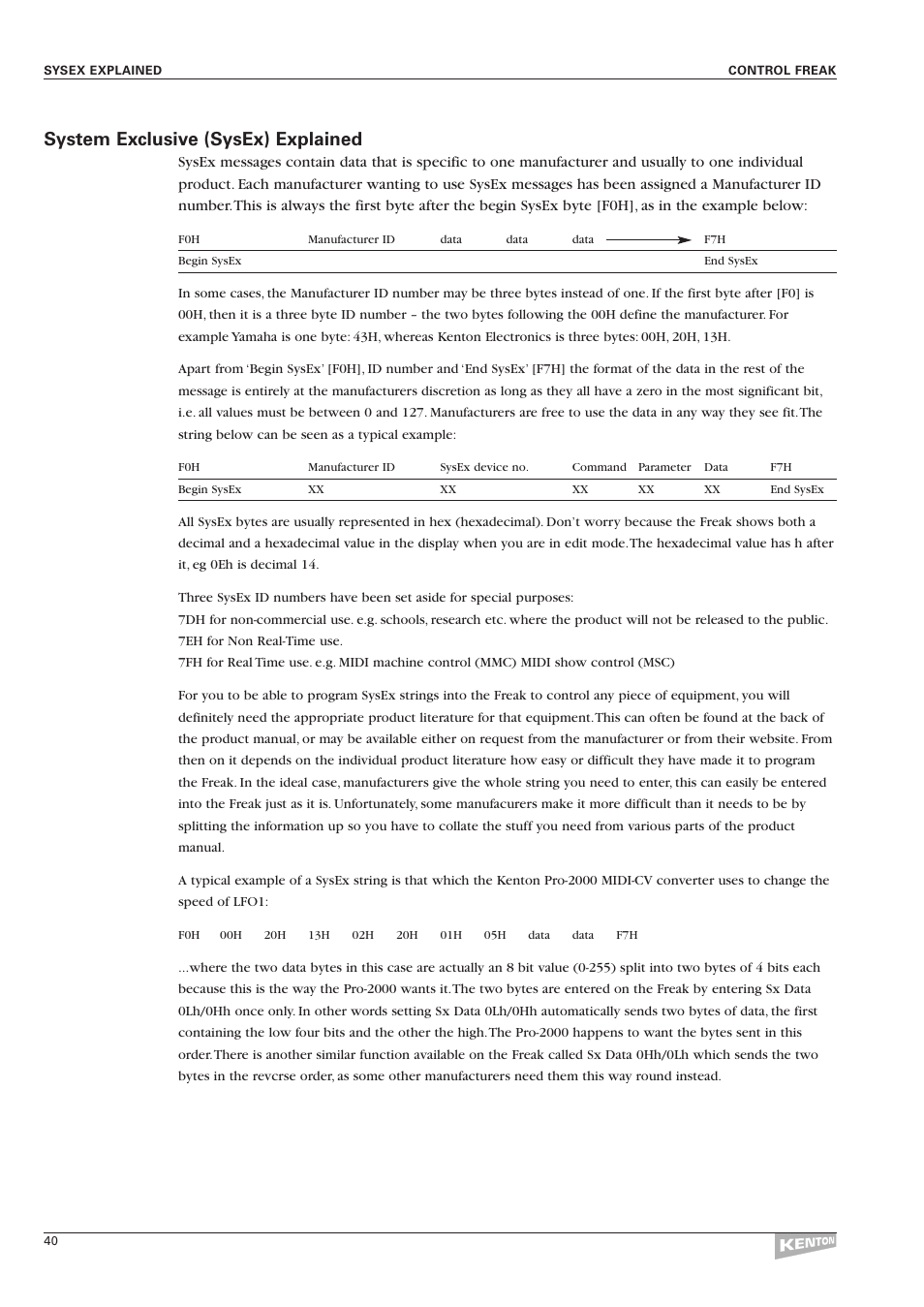 System exclusive (sysex) explained | Kenton Control Freak all versions User Manual | Page 44 / 59