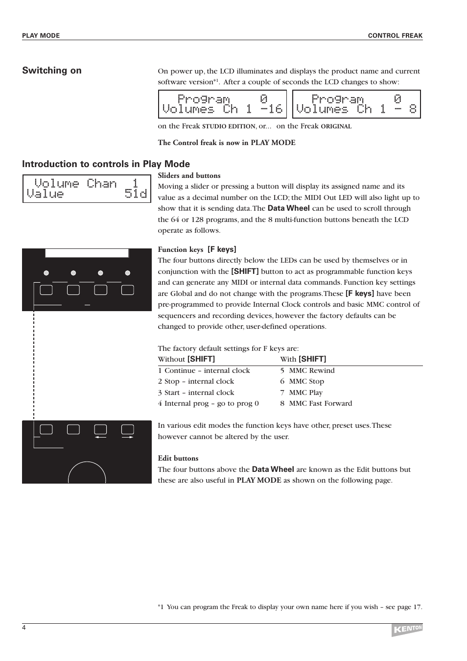 Switching on, Introduction to controls in play mode, Or... on the freak | The control freak is now in play mode | Kenton Control Freak all versions User Manual | Page 8 / 59