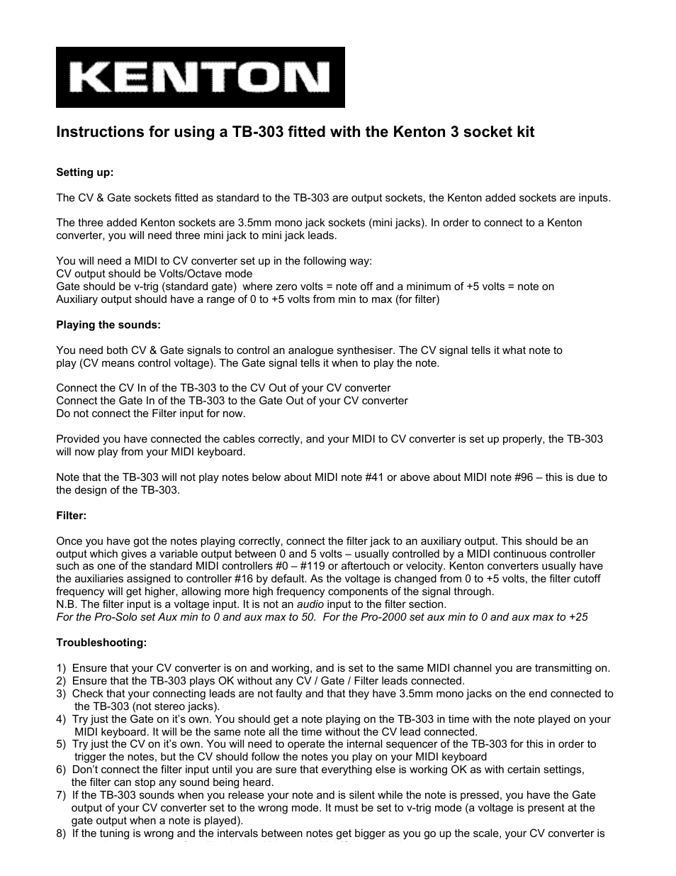Kenton TB303 3 v.1 User Manual | 2 pages