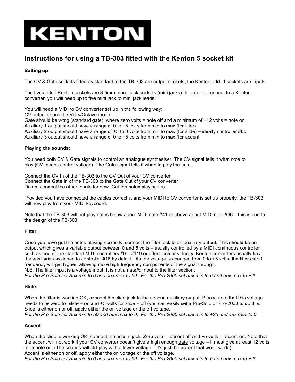 Kenton TB303 3 v.2 User Manual | 2 pages