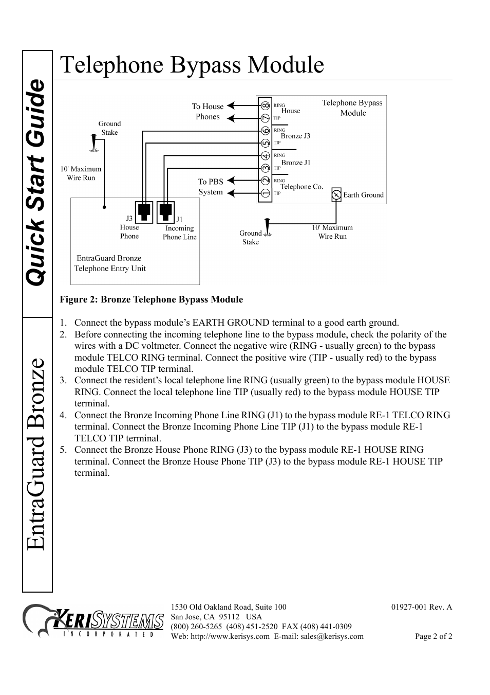 Telephone bypass module, Quick start guide entraguard bronze | Keri Systems EntraGuard Bronze Bypass Switch Module User Manual | Page 2 / 2