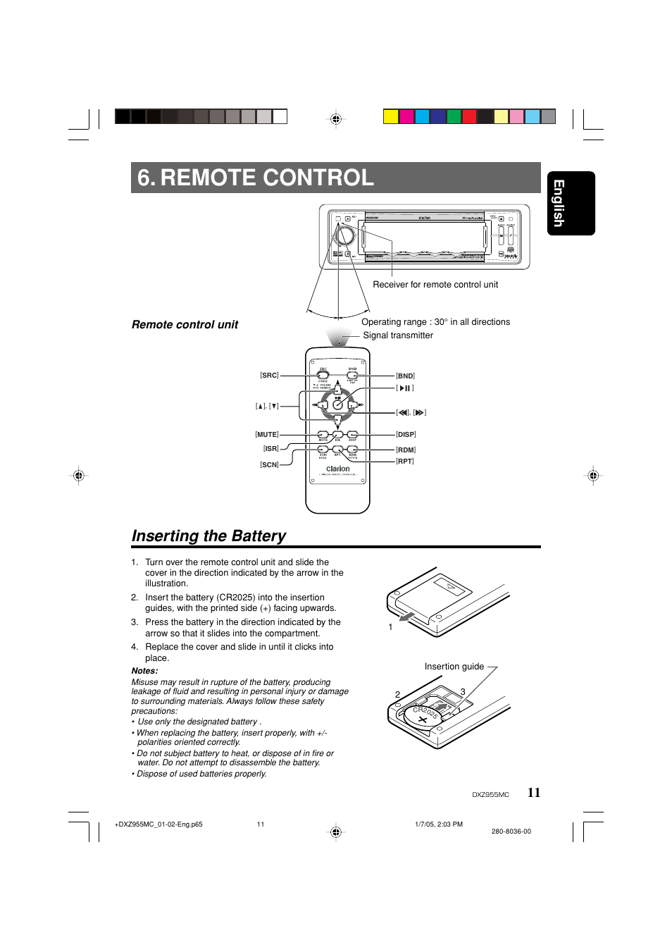 Remote control, Inserting the battery, English | Remote control unit | Clarion DXZ955MC User Manual | Page 11 / 58