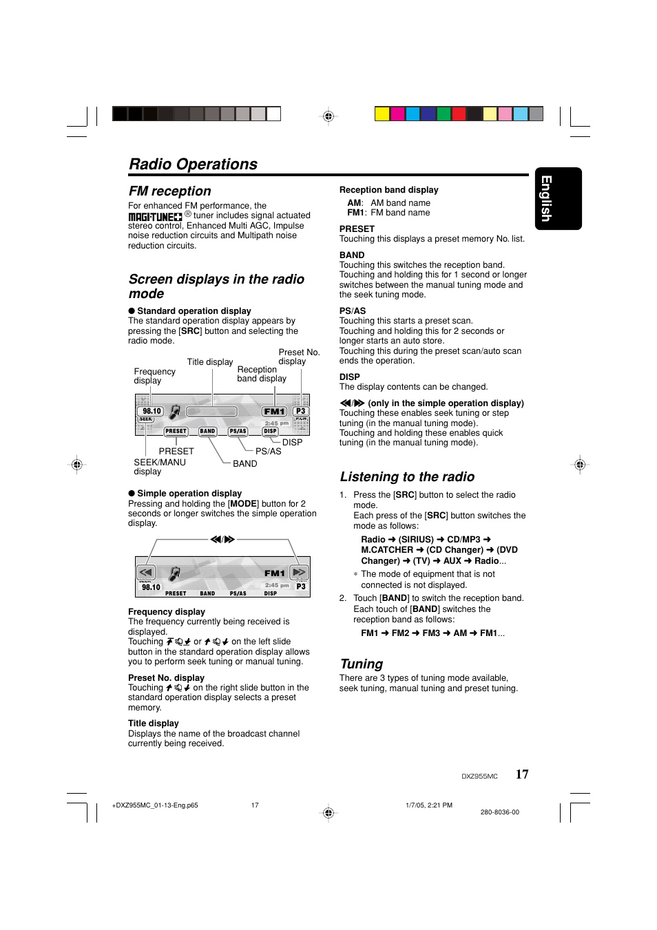 Radio operations, 17 english, Fm reception | Screen displays in the radio mode, Listening to the radio, Tuning | Clarion DXZ955MC User Manual | Page 17 / 58