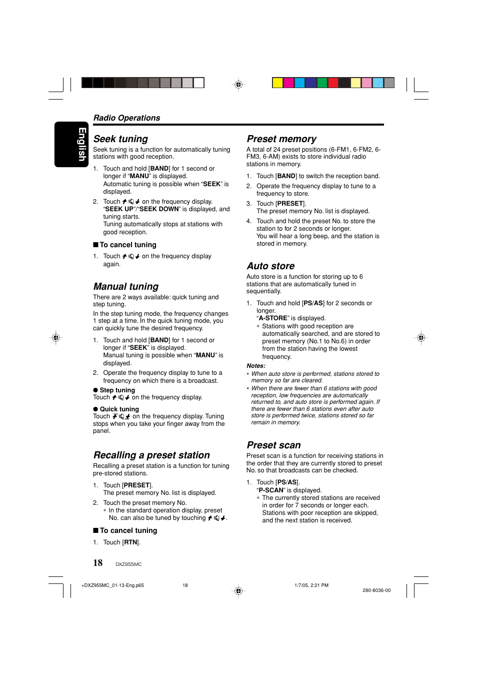 English seek tuning, Manual tuning, Recalling a preset station | Auto store, Preset scan | Clarion DXZ955MC User Manual | Page 18 / 58