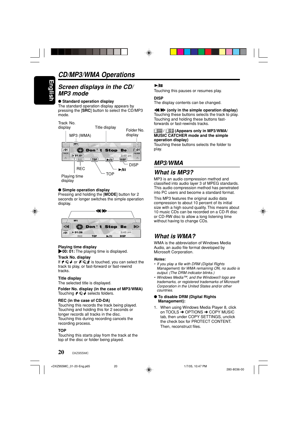 Cd/mp3/wma operations, English, Screen displays in the cd/ mp3 mode | Mp3/wma what is mp3, What is wma | Clarion DXZ955MC User Manual | Page 20 / 58