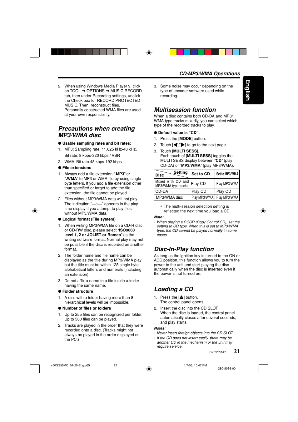 21 english, Precautions when creating mp3/wma disc, Multisession function | Disc-in-play function, Loading a cd, Cd/mp3/wma operations | Clarion DXZ955MC User Manual | Page 21 / 58