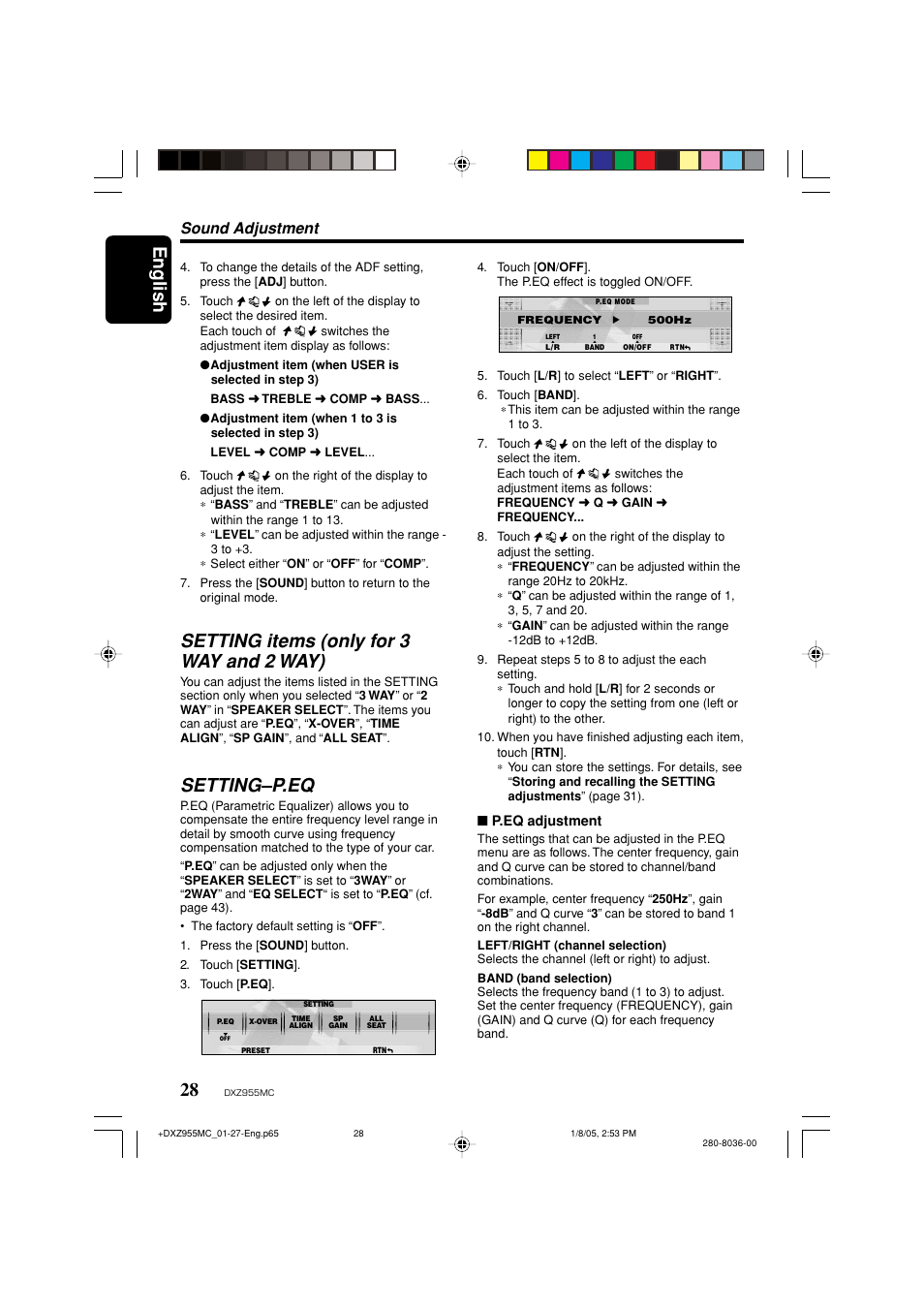 English, Setting items (only for 3 way and 2 way), Setting–p.eq | Sound adjustment | Clarion DXZ955MC User Manual | Page 28 / 58