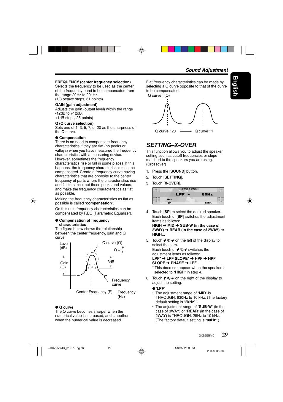 English, Setting–x-over, Sound adjustment | Clarion DXZ955MC User Manual | Page 29 / 58