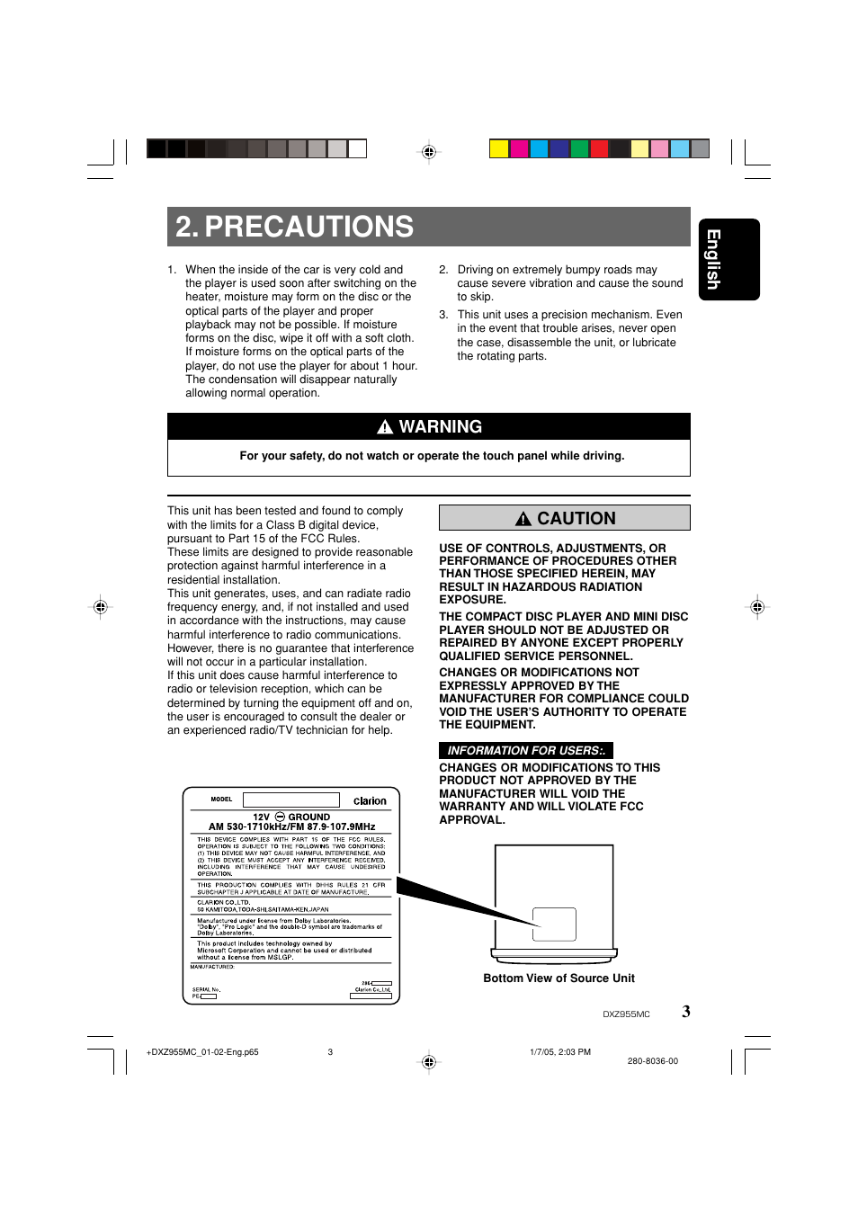 Precautions, 3english, Warning | Caution | Clarion DXZ955MC User Manual | Page 3 / 58