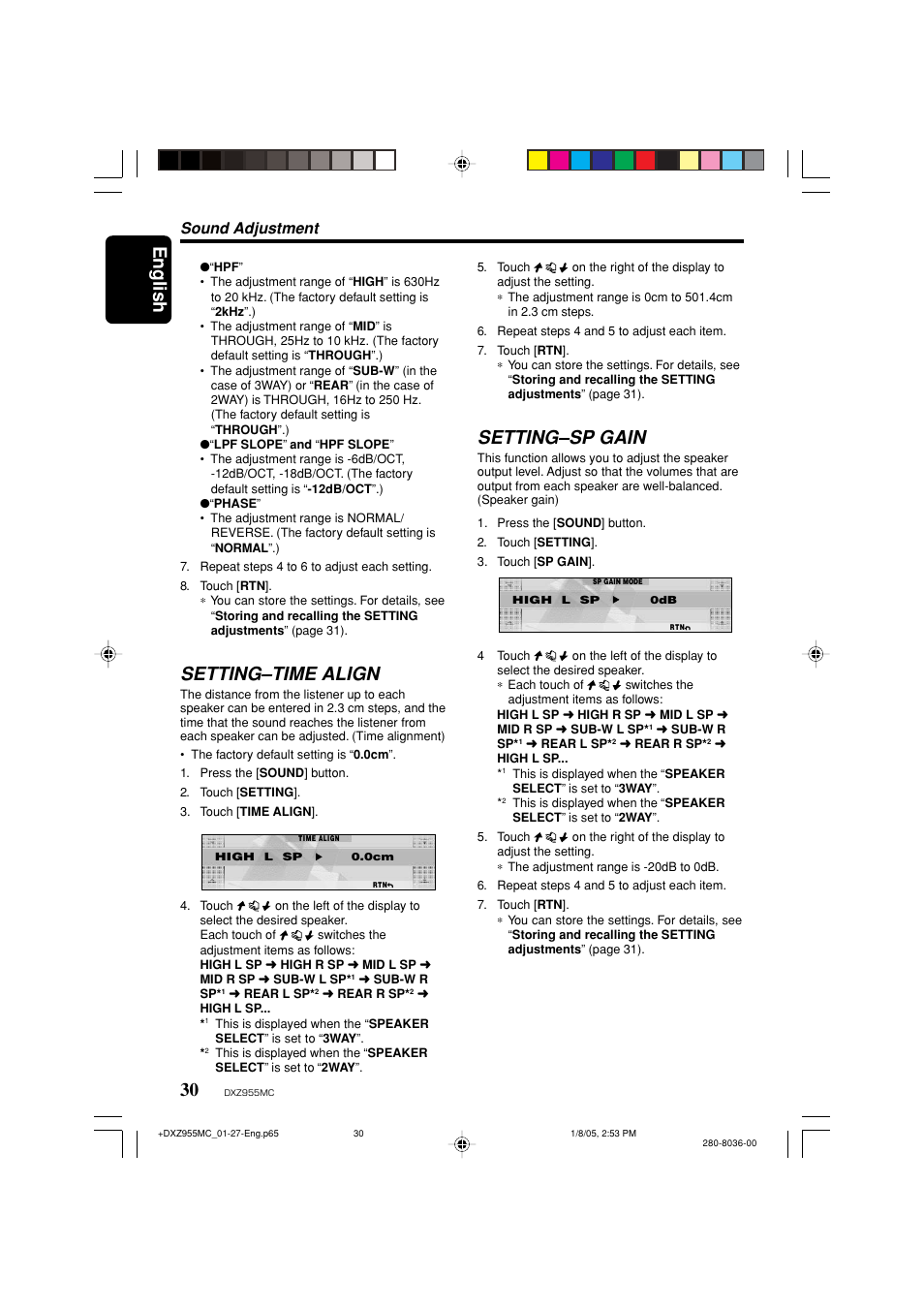 English, Setting–time align, Setting–sp gain | Sound adjustment | Clarion DXZ955MC User Manual | Page 30 / 58