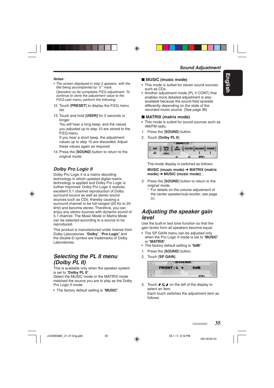 English, Selecting the pl ii menu (dolby pl ii), Adjusting the speaker gain level | Sound adjustment, Dolby pro logic ii | Clarion DXZ955MC User Manual | Page 35 / 58