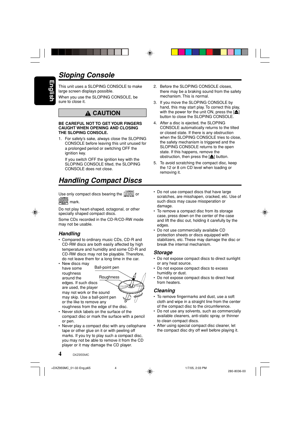 Sloping console, Handling compact discs, English | Caution, Handling, Storage, Cleaning | Clarion DXZ955MC User Manual | Page 4 / 58