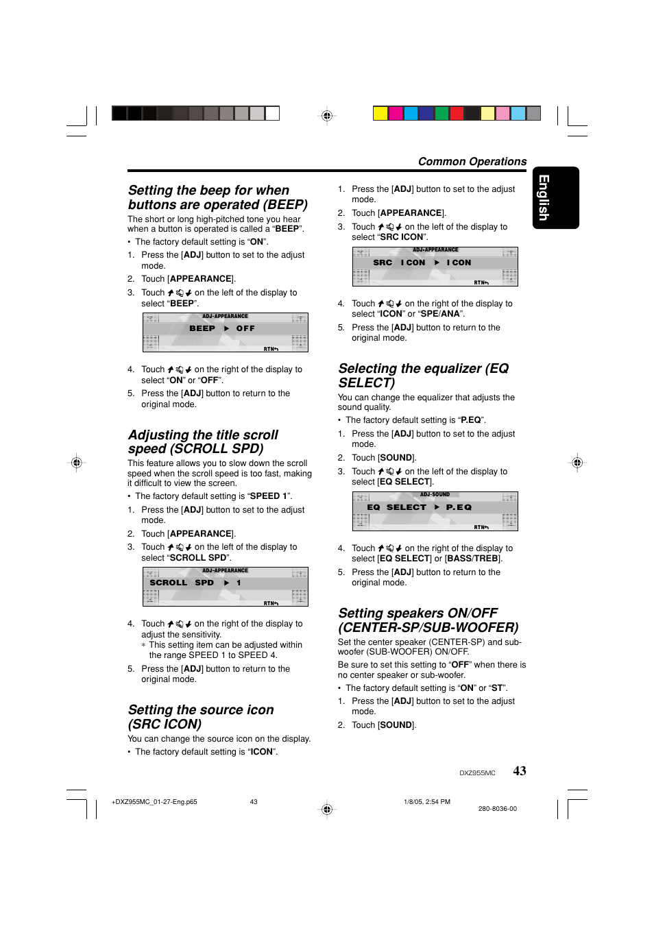 English, Adjusting the title scroll speed (scroll spd), Setting the source icon (src icon) | Selecting the equalizer (eq select), Setting speakers on/off (center-sp/sub-woofer), Common operations | Clarion DXZ955MC User Manual | Page 43 / 58
