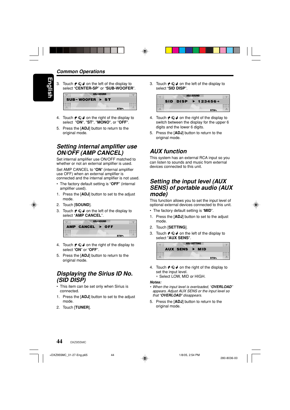 English, Setting internal amplifier use on/off (amp cancel), Displaying the sirius id no. (sid disp) | Aux function, Common operations | Clarion DXZ955MC User Manual | Page 44 / 58