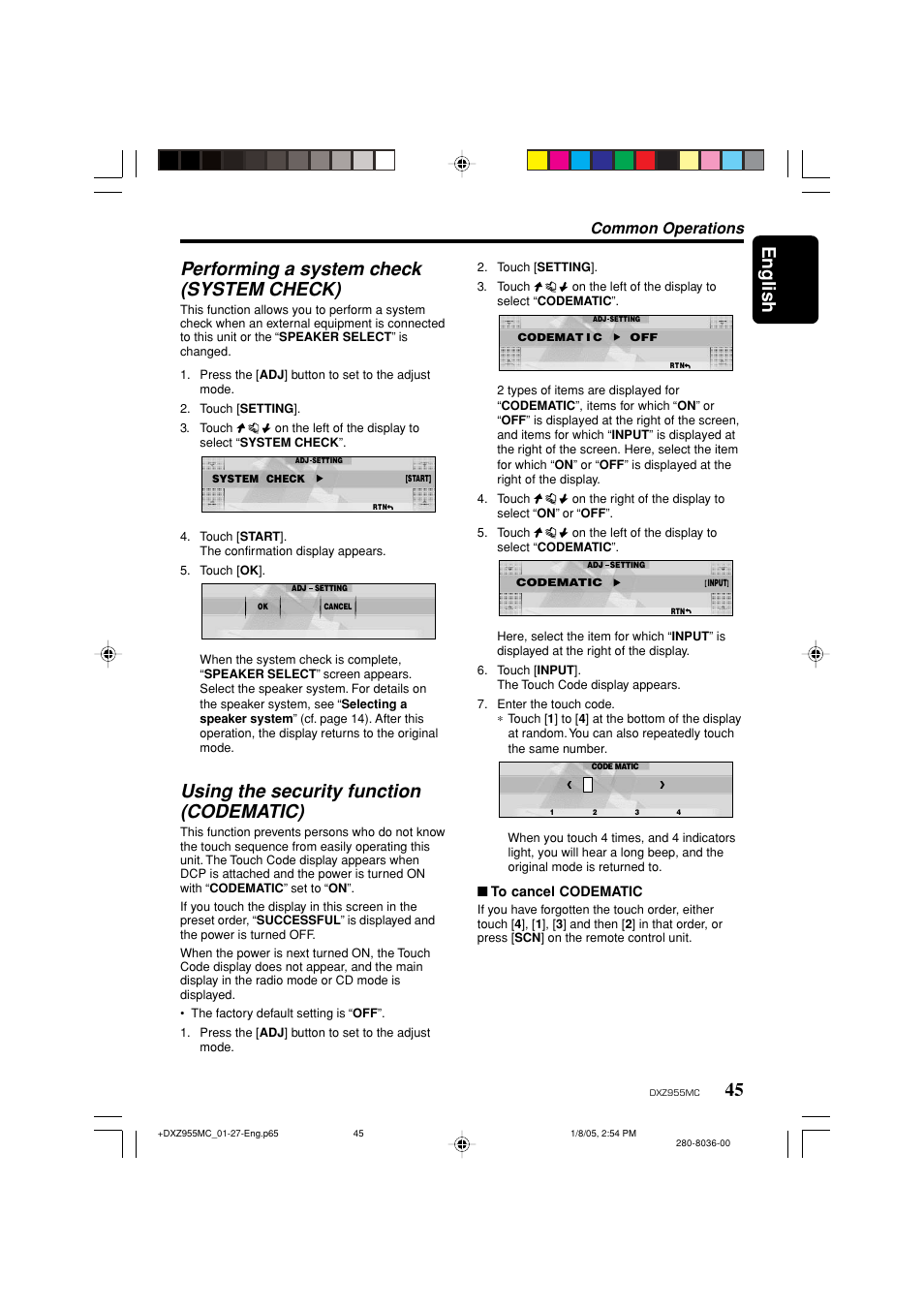 English, 45 performing a system check (system check), Using the security function (codematic) | Common operations | Clarion DXZ955MC User Manual | Page 45 / 58