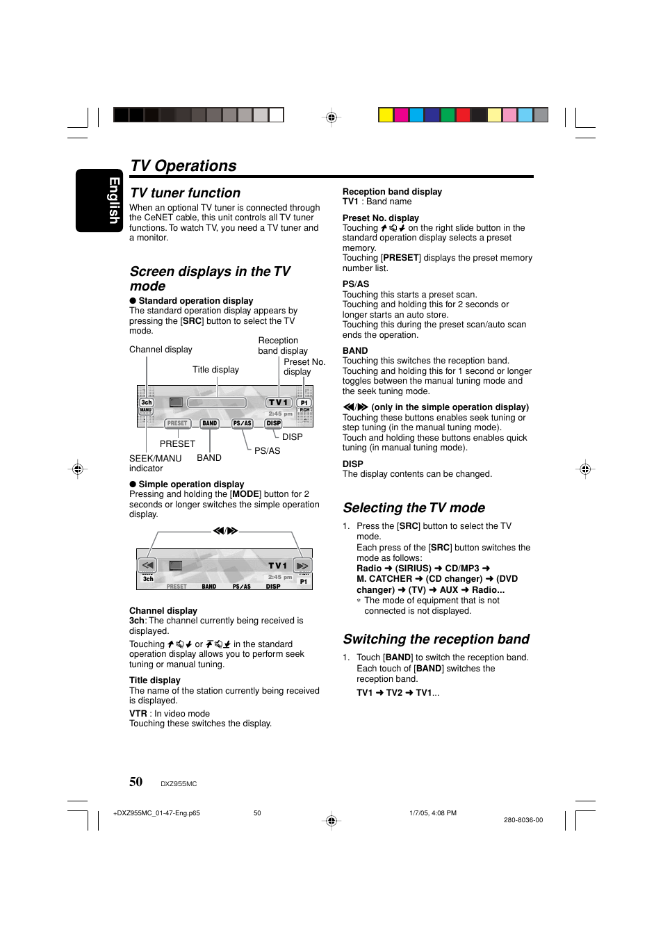 Tv operations, English, Selecting the tv mode | Switching the reception band, Tv tuner function, Screen displays in the tv mode | Clarion DXZ955MC User Manual | Page 50 / 58