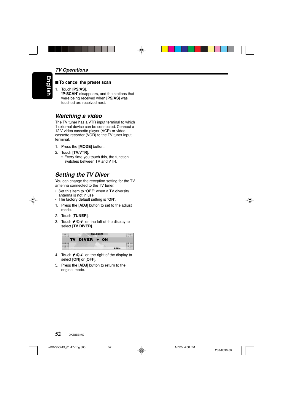 English, Watching a video, Setting the tv diver | Tv operations | Clarion DXZ955MC User Manual | Page 52 / 58