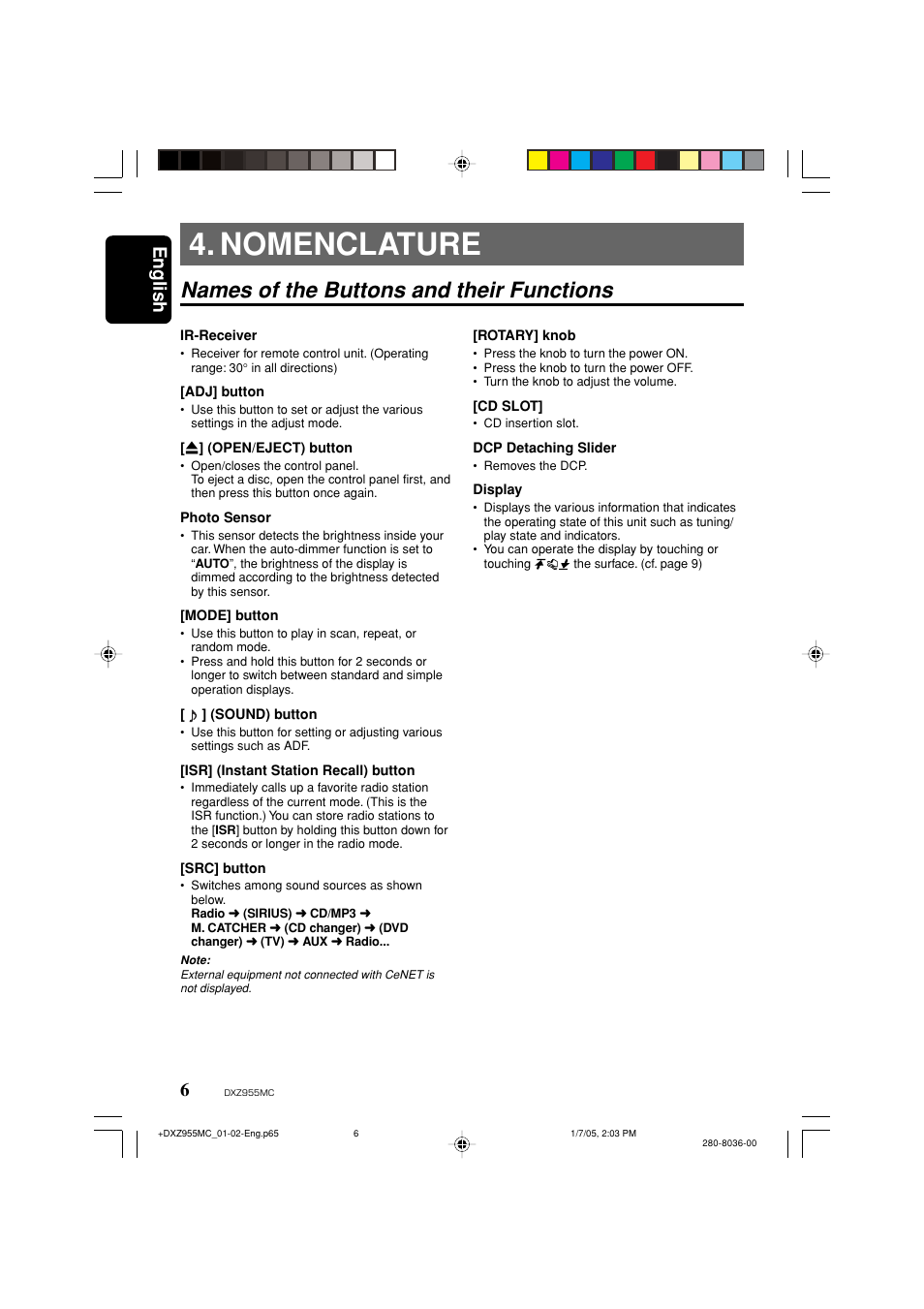 Nomenclature, Names of the buttons and their functions, English | Clarion DXZ955MC User Manual | Page 6 / 58