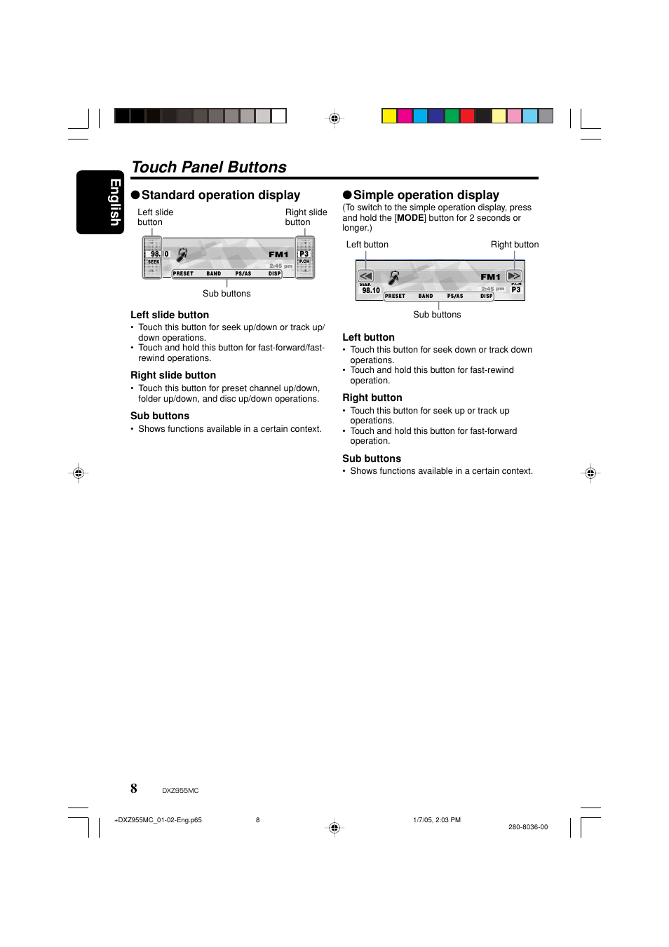Touch panel buttons, English, Standard operation display | Simple operation display | Clarion DXZ955MC User Manual | Page 8 / 58